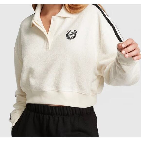 Victoria Secret Pink Reverse Fleece Cropped Polo Sweatshirt Xsmall - Picture 1 of 10